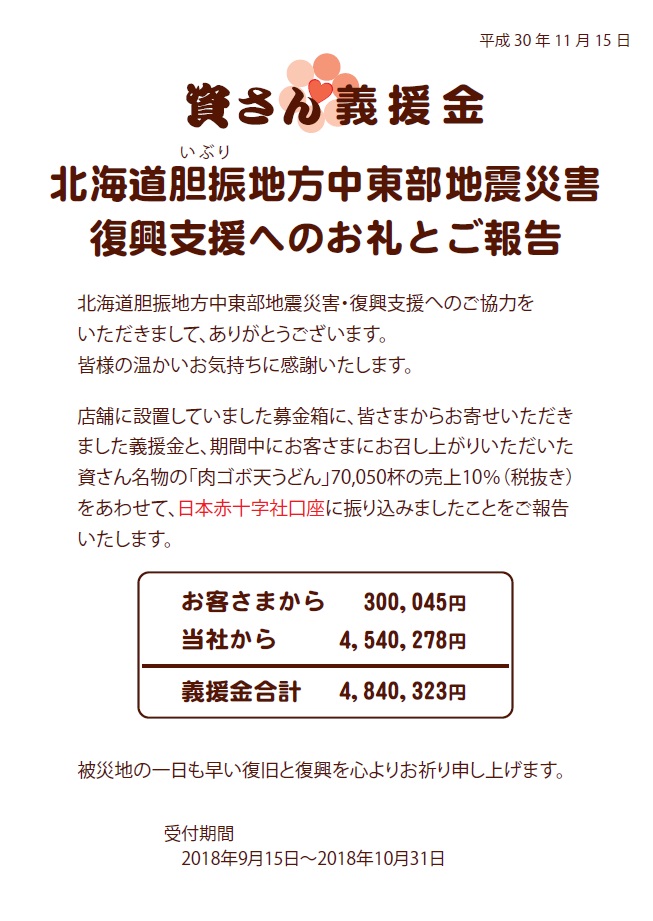 北海道胆振地方中東部地震災害復興支援へのお礼とご報告 資さんうどん